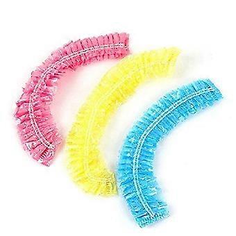 100 Pcs Disposable Elastic Plastic Shower Caps For Spa, Home, Hotel, Hair Salon Use (Assorted Colors: Pink, Yellow, Blue)