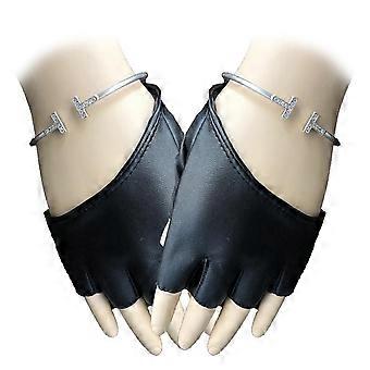 Half Finger Short Gloves Clubwear Half Palm Leather Shiny Gloves Black