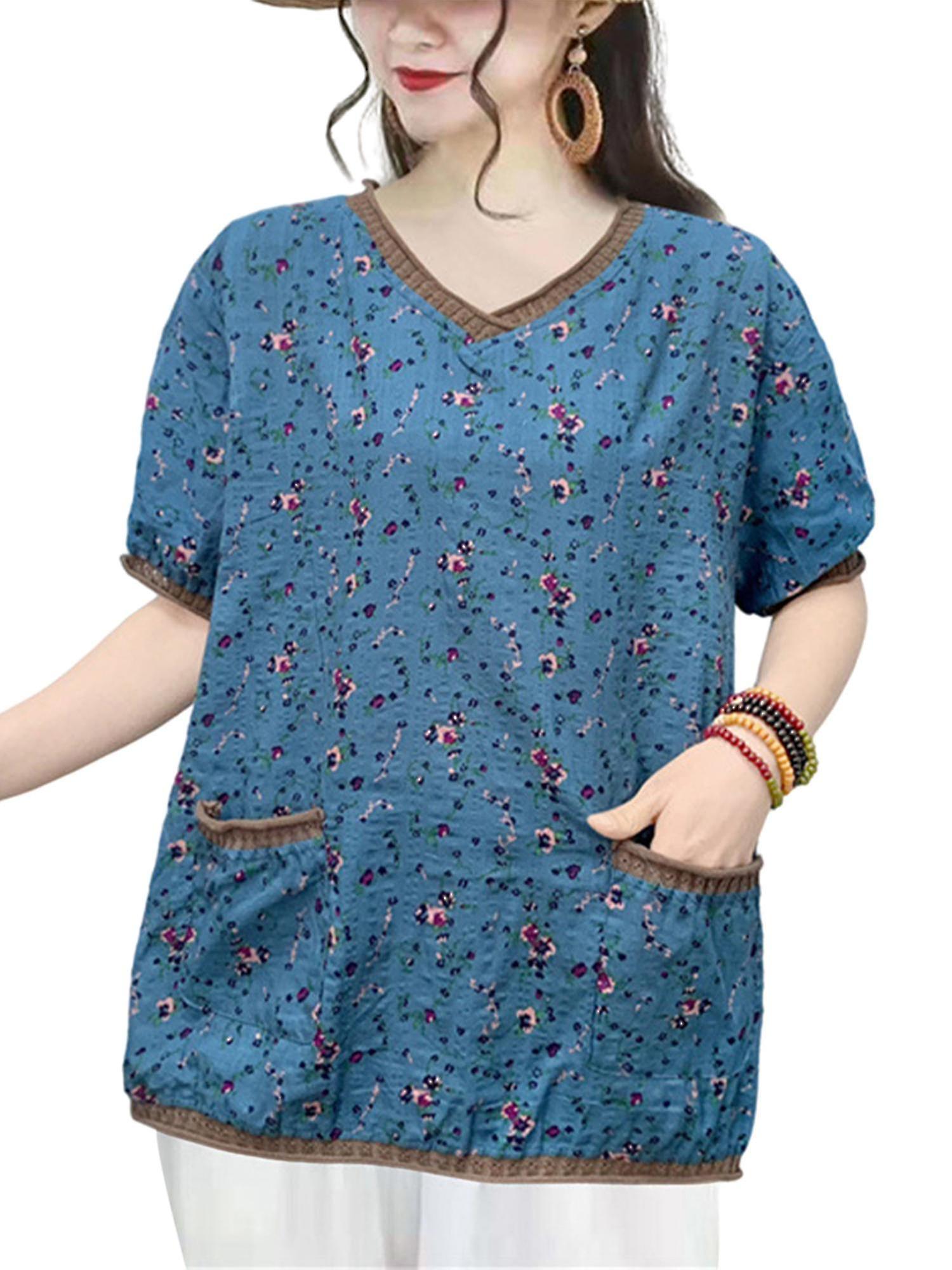 Kvinder V Hals Blomsterprint Bomuldsbluse Sommer Kortærmet Retro Pullover Løs Lomme T-shirt