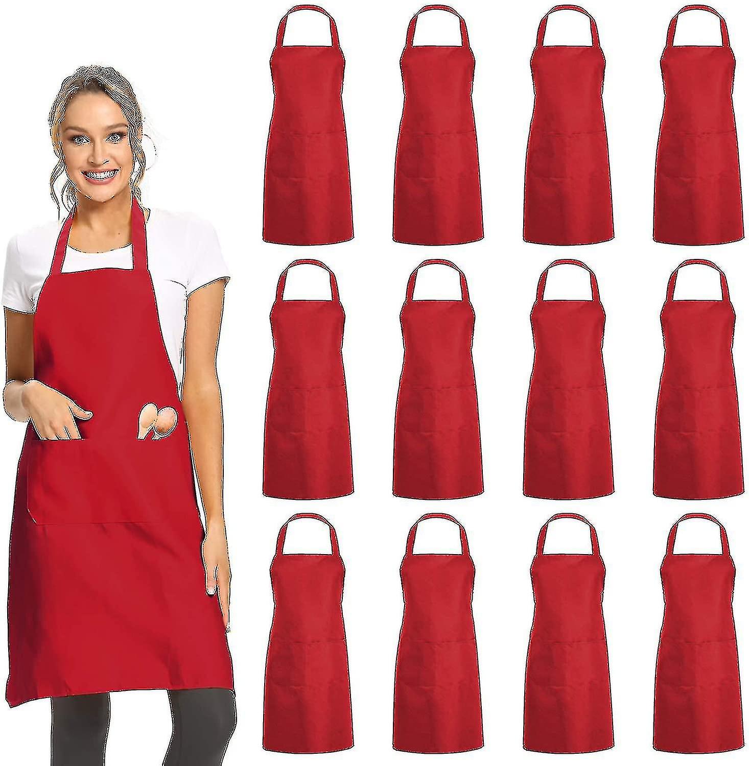 12 Pack Plain Bib Aprons With 2 Pockets - Black Unisex Commercial Apron Bulk