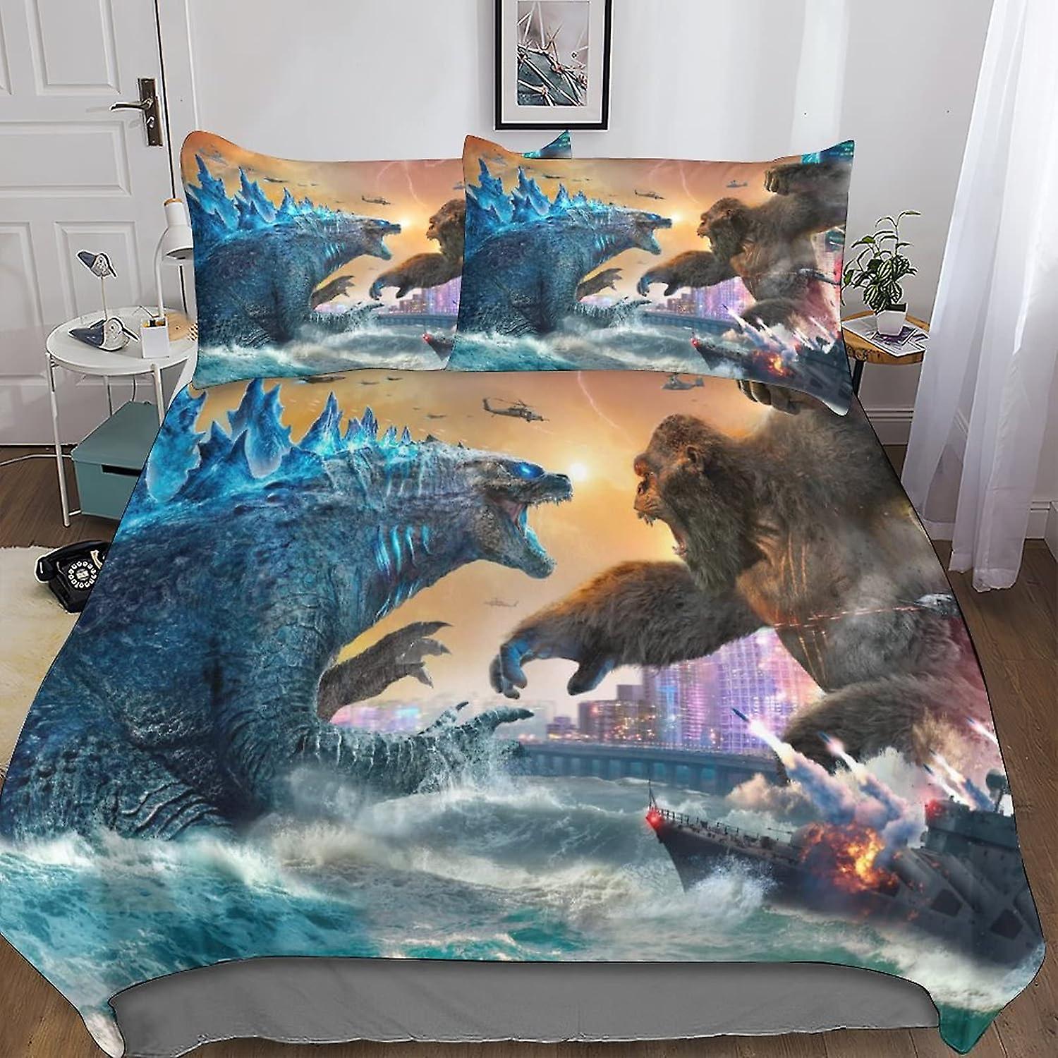 ALXFFBN Godzilla Vs Kong Nevresim Takımı 3D Baskılı Nevresim Seti Anime Karakterleri Fermuar Kapatma Yatak Örtüsü Yatak Takımı Ultra Yumuşak Comfo