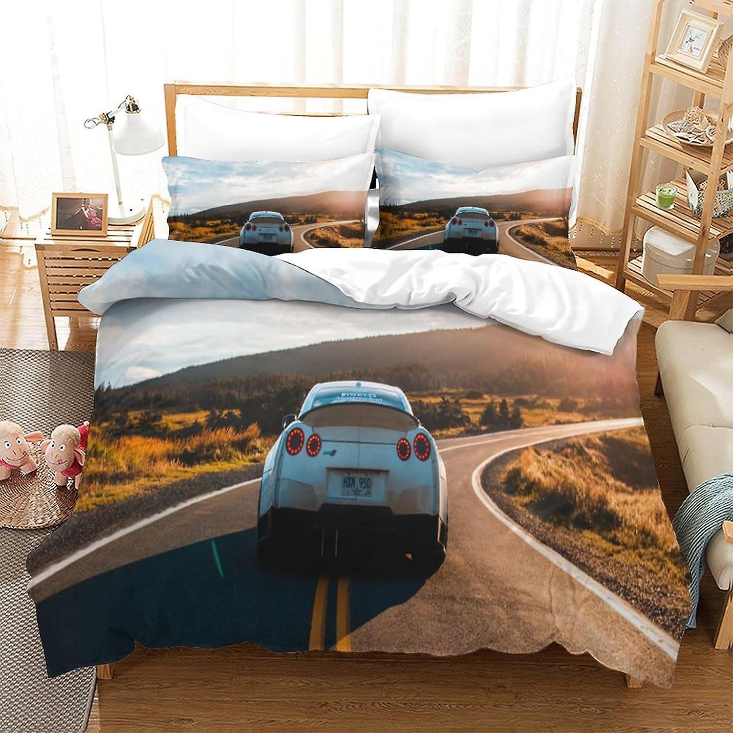 HOUKIG 3 Piece Roadster Comforter Set 3D Cool Cars Printed Bedding Comforter Set with Zip Closure for Girls, Super Soft Microfibre Bedding