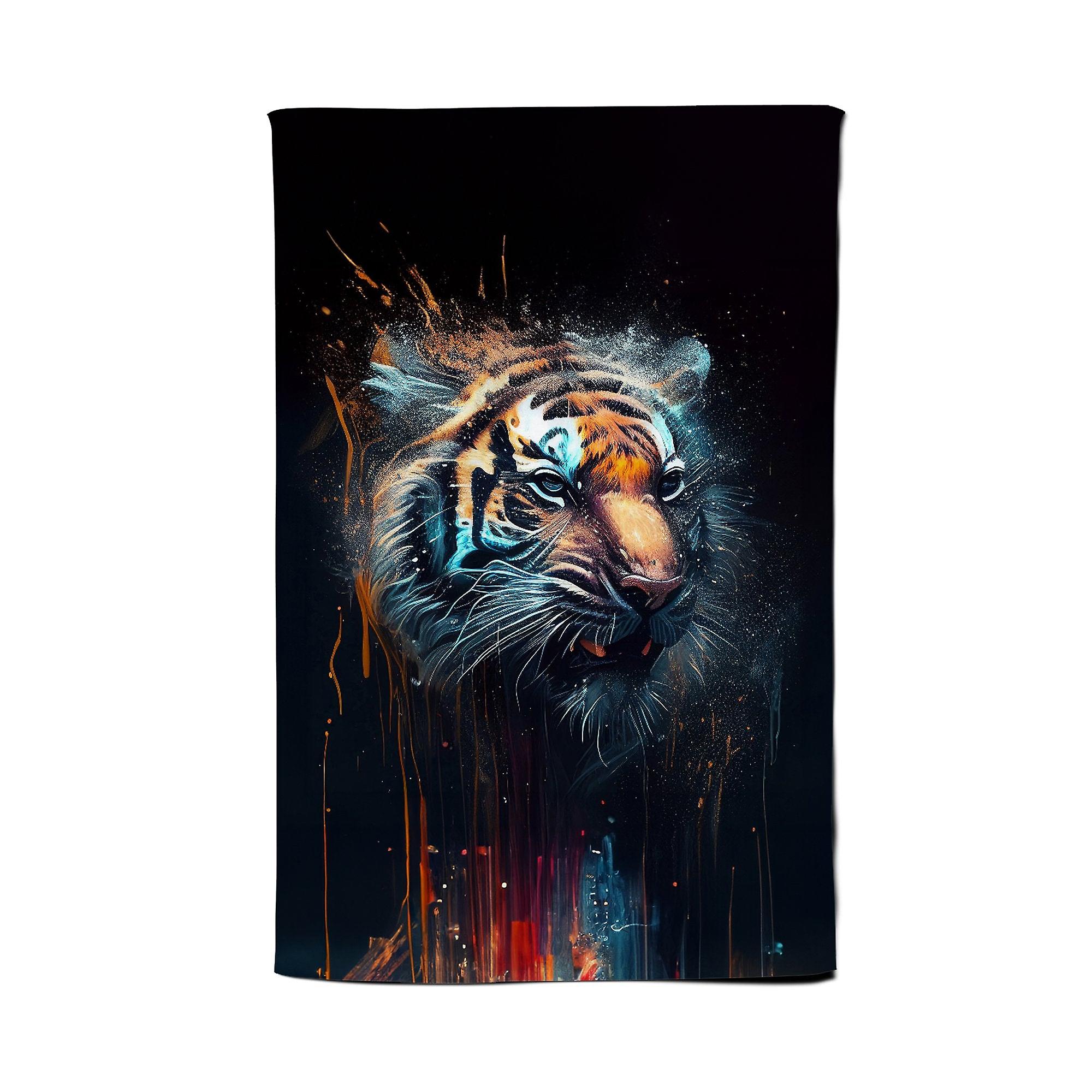 Tiger Face Splashart Dark Background Tea Towel