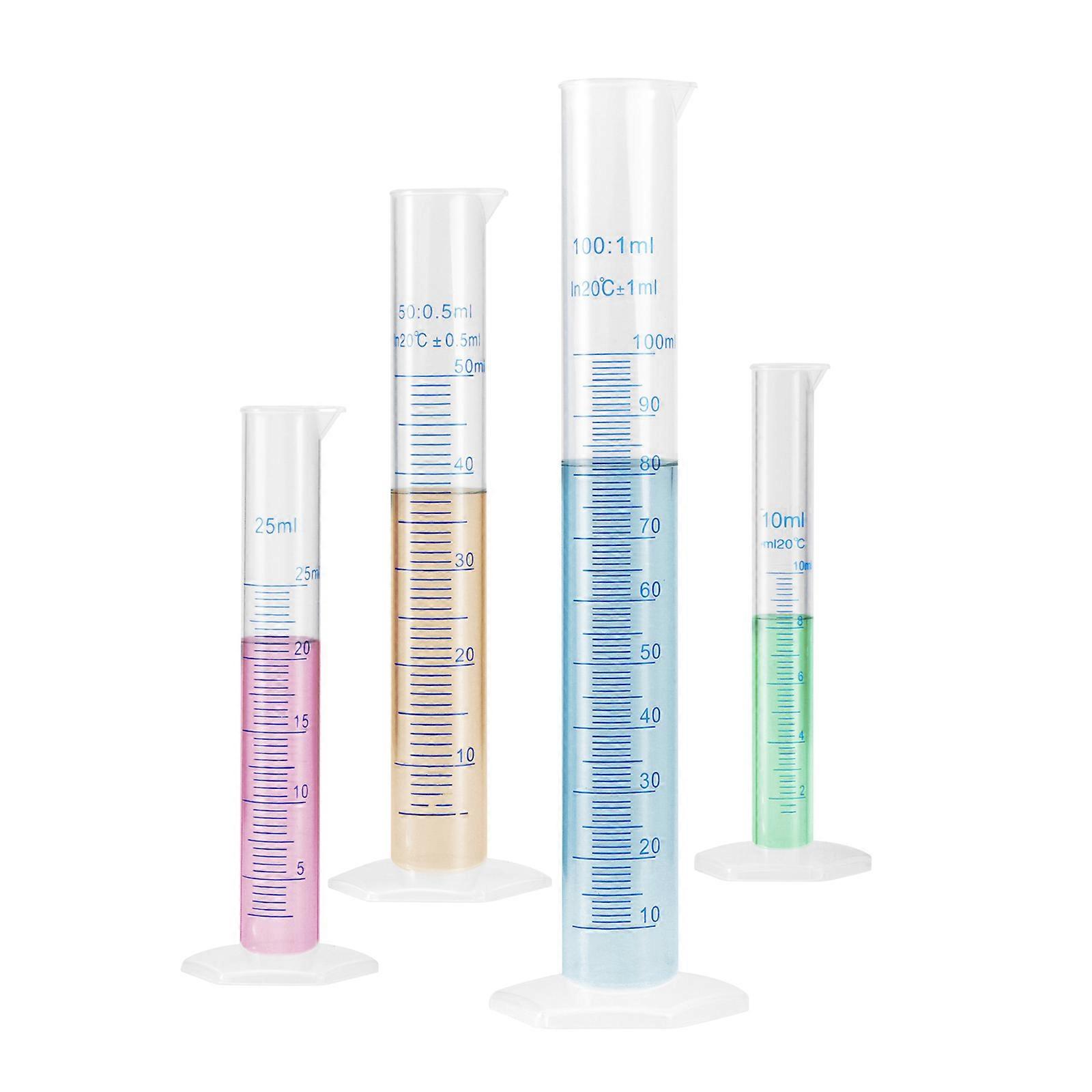 PIXNOR 4pcs Transparent Measuring Plastic Graduated Cylinder 10ml / 25ml / 50ml / 100ml