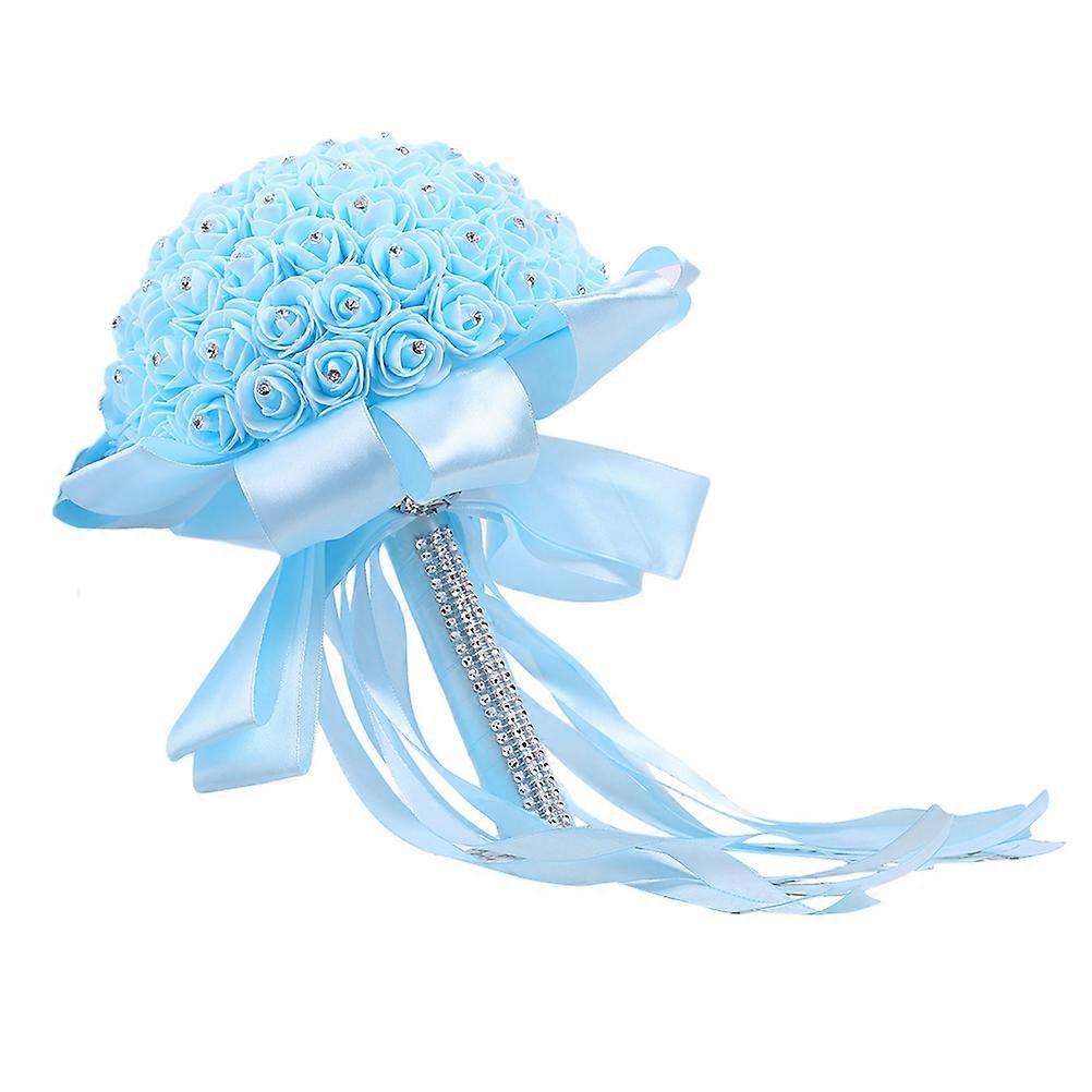 Wedding Bouquets Roses Bridal Bridesmaid Hand Bouquet Artificial Fake Flowers with Crystal Artificial Rose Flowers for Wedding Party and Church(Blue)