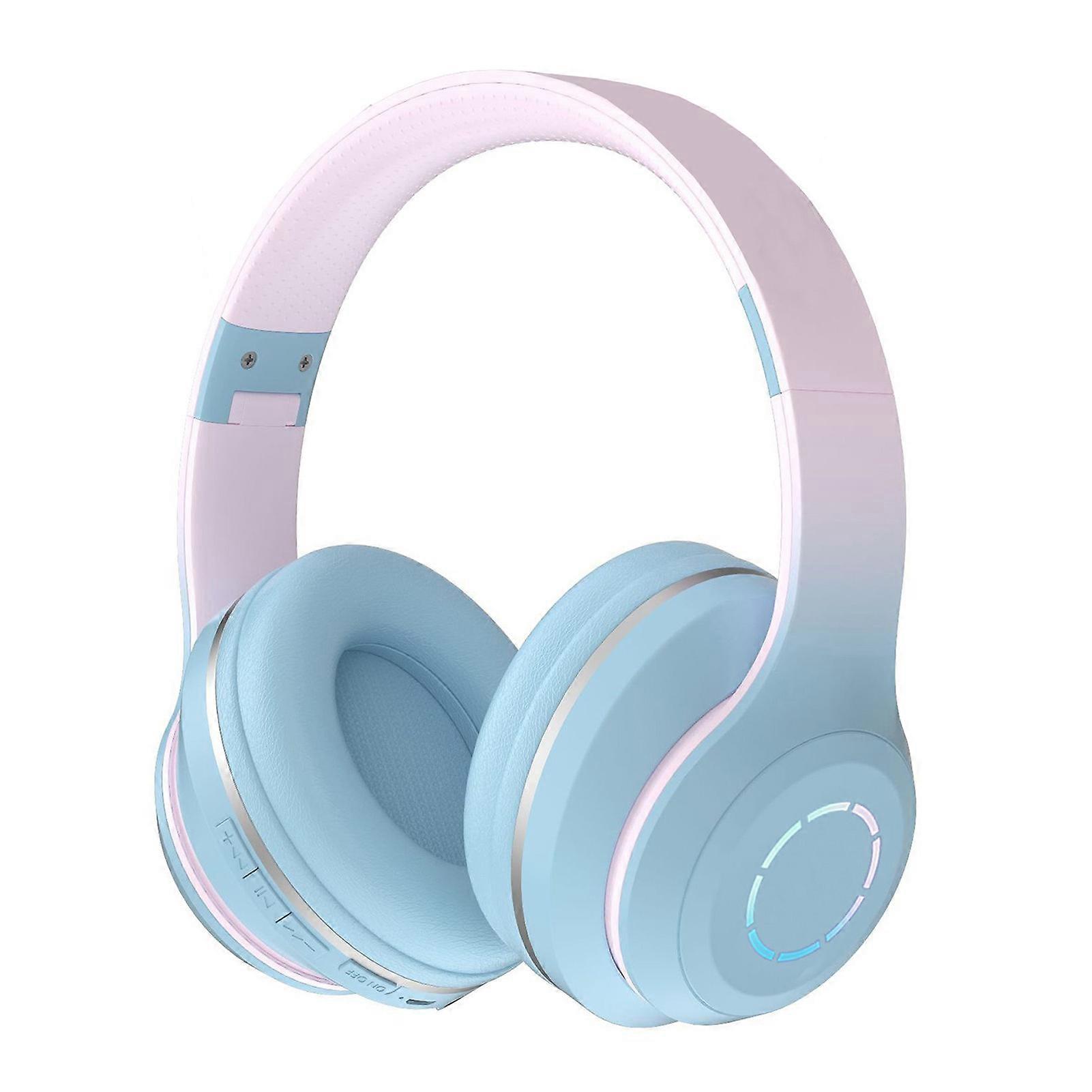 Bluetooth Headphone Heavy Bass Noise Cancelling Foldable Gradient Color Wireless Headset With Light For Phone Laptop Blue