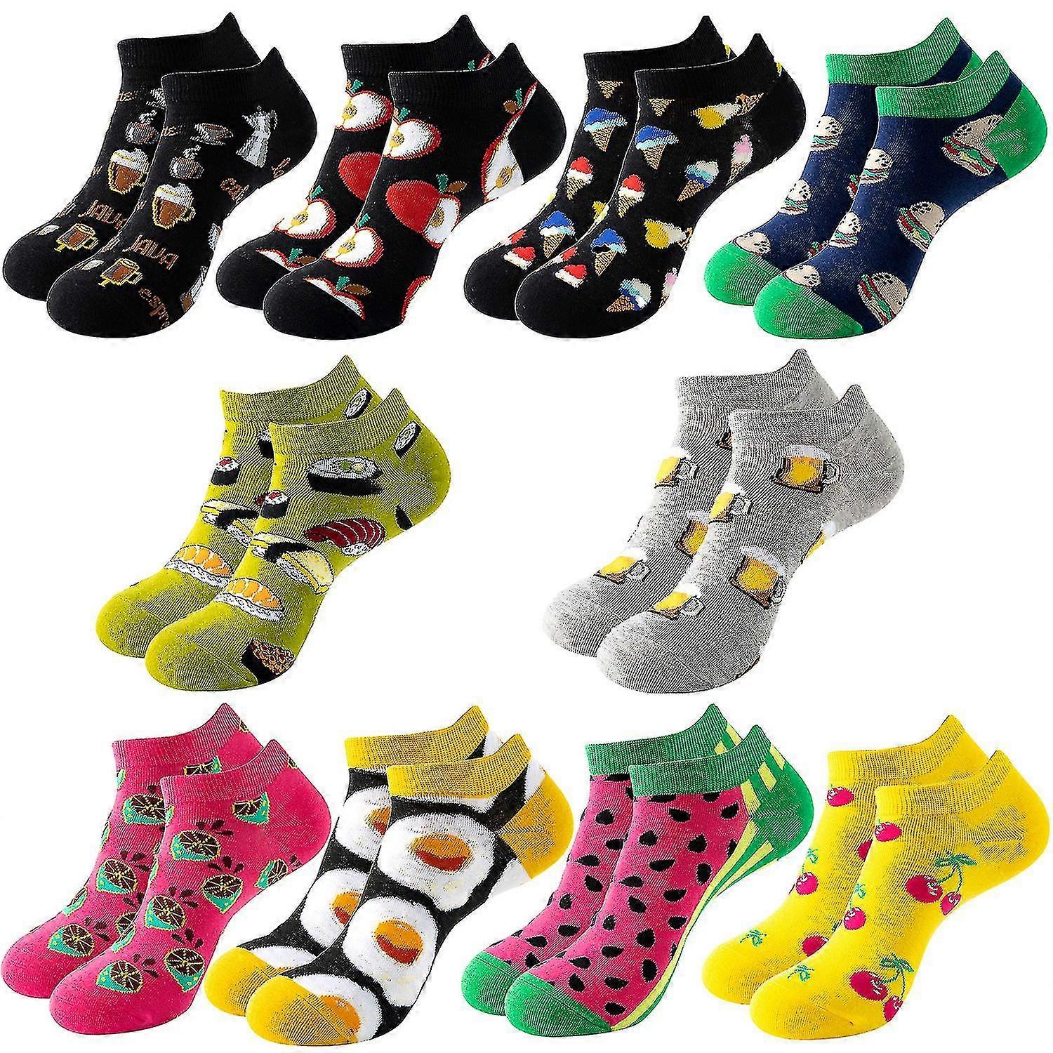 10 أزواج الجوارب النسائية 100 ٪ القطن مرونة الحيوان الفاكهة الغذاء طباعة لطيف مضحك منخفضة / عالية قطع الجوارب الهدايا للسيدات الكبار والفتيات في سن المراهقة