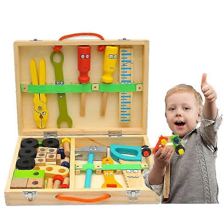Tool Kit For Kids, Wooden Tool Box With Colorful Building Toy Set