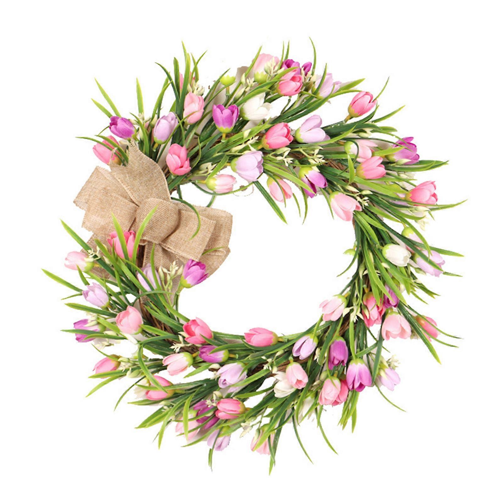 16 Inch Artificial Wreath Tulip Wreaths for Front Door Spring Silk Flower Wreath with Leaves Bow for Home Wall Wedding