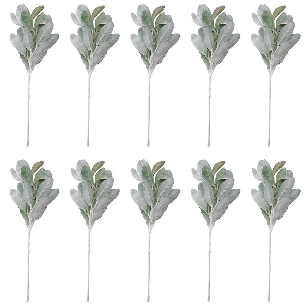 10 Pcs Artificial Flocked Lambs Ear Leaves Dusty Stems Flocked Oak Leaves Lamb's Ear Leaf for Home Wedding DIY