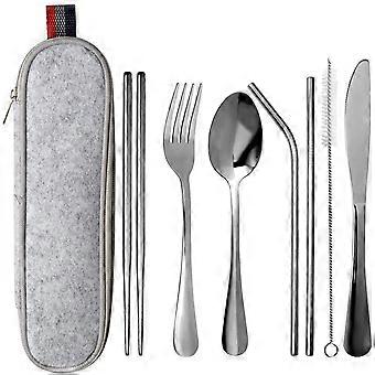 Ensemble de couverts, ustensiles portables en acier inoxydable réutilisables Ensemble de couverts de camping de voyage Knive / fourchette / cuillère / baguettes / pailles / brosse / étui portable (8 pièces)