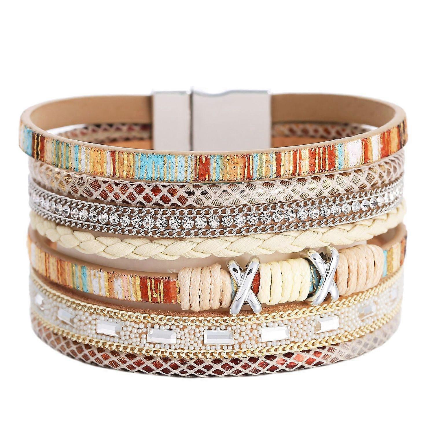 レザー多層ブレスレットレディースブレスレット女性磁気クロージャー(ベージュ)