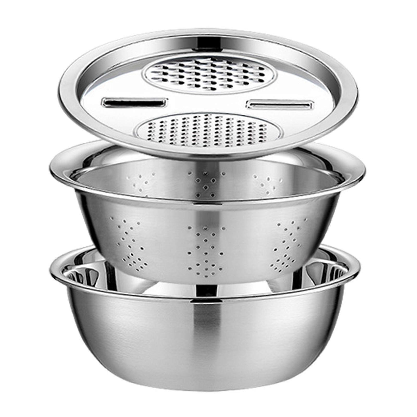 1 Set Drain Basin Food Grade Stainless Steel Colander Strainer Set 3 in 1 Cheese Grater with Container Salad Maker Bowl Drain Basin Rice Rinser