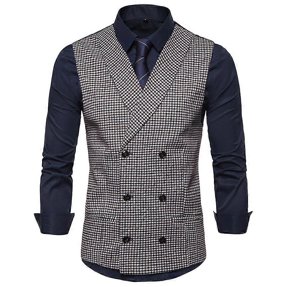 Naiwang Mens Double Breasted Cape Lapel Suit Vest Houndstooth Pattern Slim Business Waistcoat