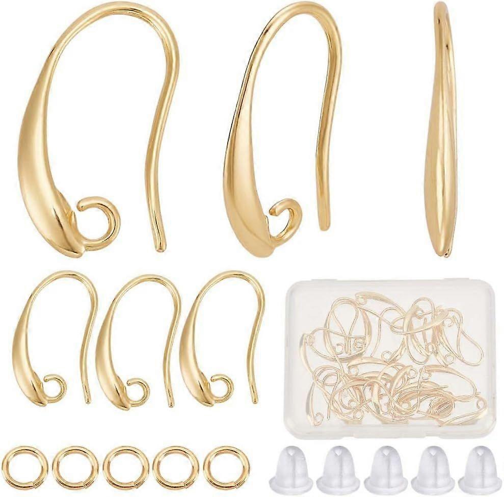 1 Box 60Pcs 18K Gold Plated Brass Fishhook Earring Hooks French Ear Wires Fish Hook Earrings Findings Component with Loops Jump Rings Ear Nuts for Dan