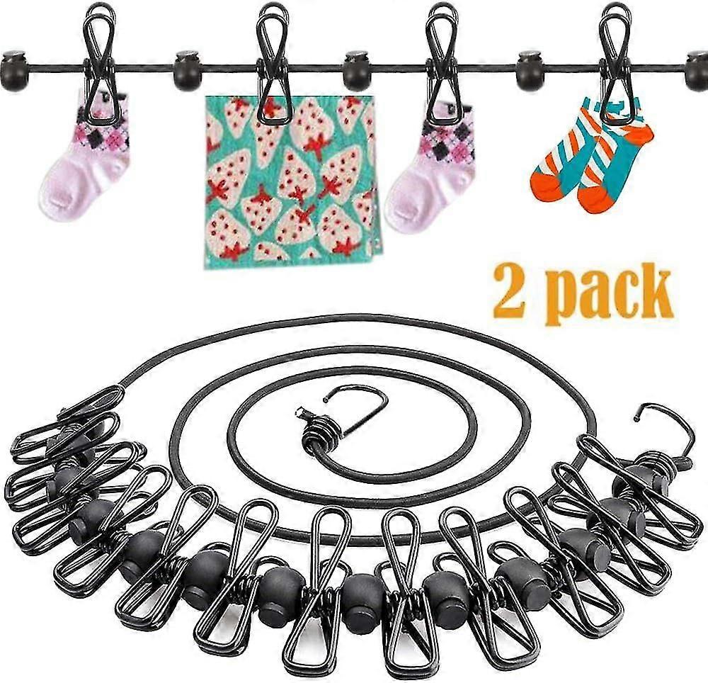 Pack Of 2 Portable Travel Clothesline, 12 Pins, Elastic, Retractable, Windproof