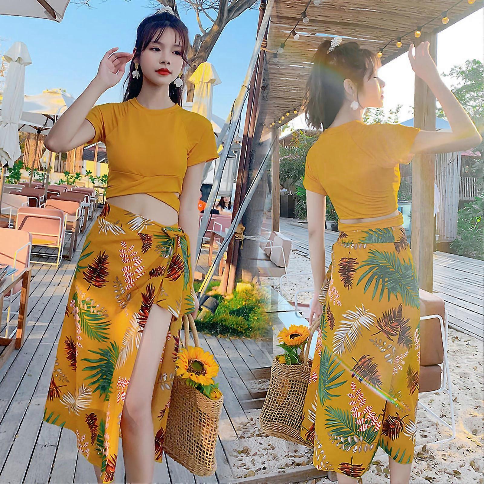 Tredelad kvinnor baddräkt bikini badkläder kvinnlig baddräkt för sommar strandsurfing vår gul l