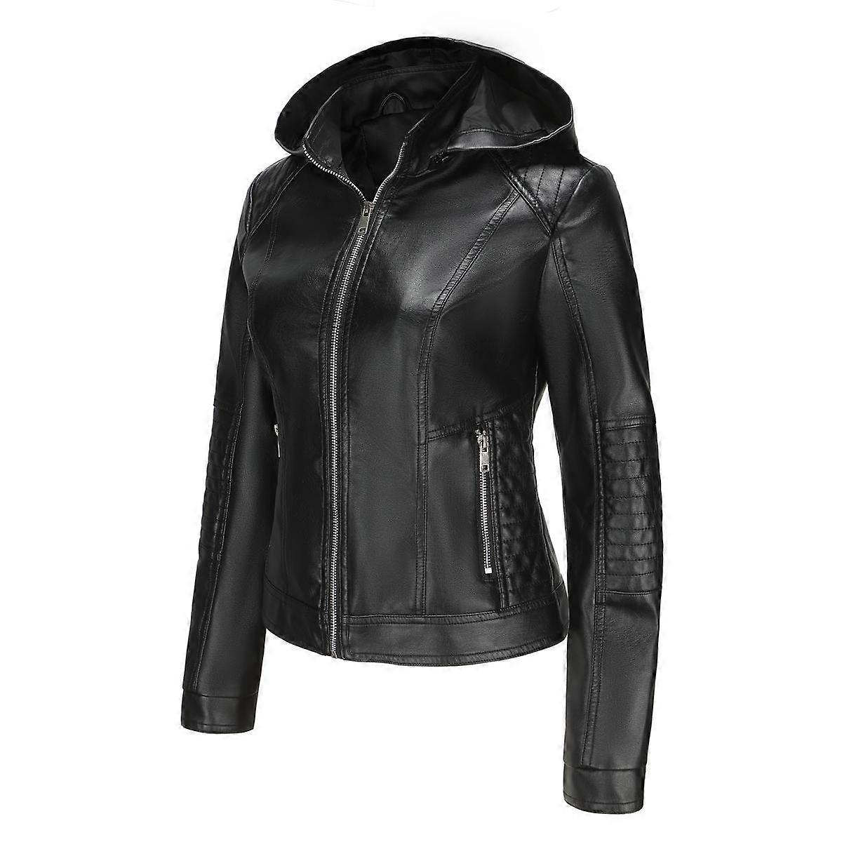 Women’s Bomber Jackets Faux Leather Removable Hooded Short Coats Slim PU Motorcycle Biker Outwear Spring Autumn Casual Wear