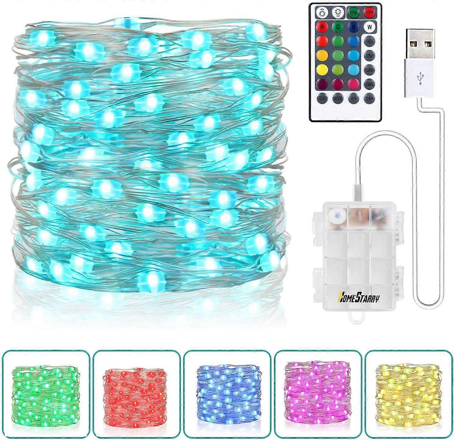 Fairy String Lights batteridrevet &; USB Plug-in 33Ft 100 LED 16 Color Changing Lights og 8 Lights Mode Remote Vanntett 3AA batteriveske, String