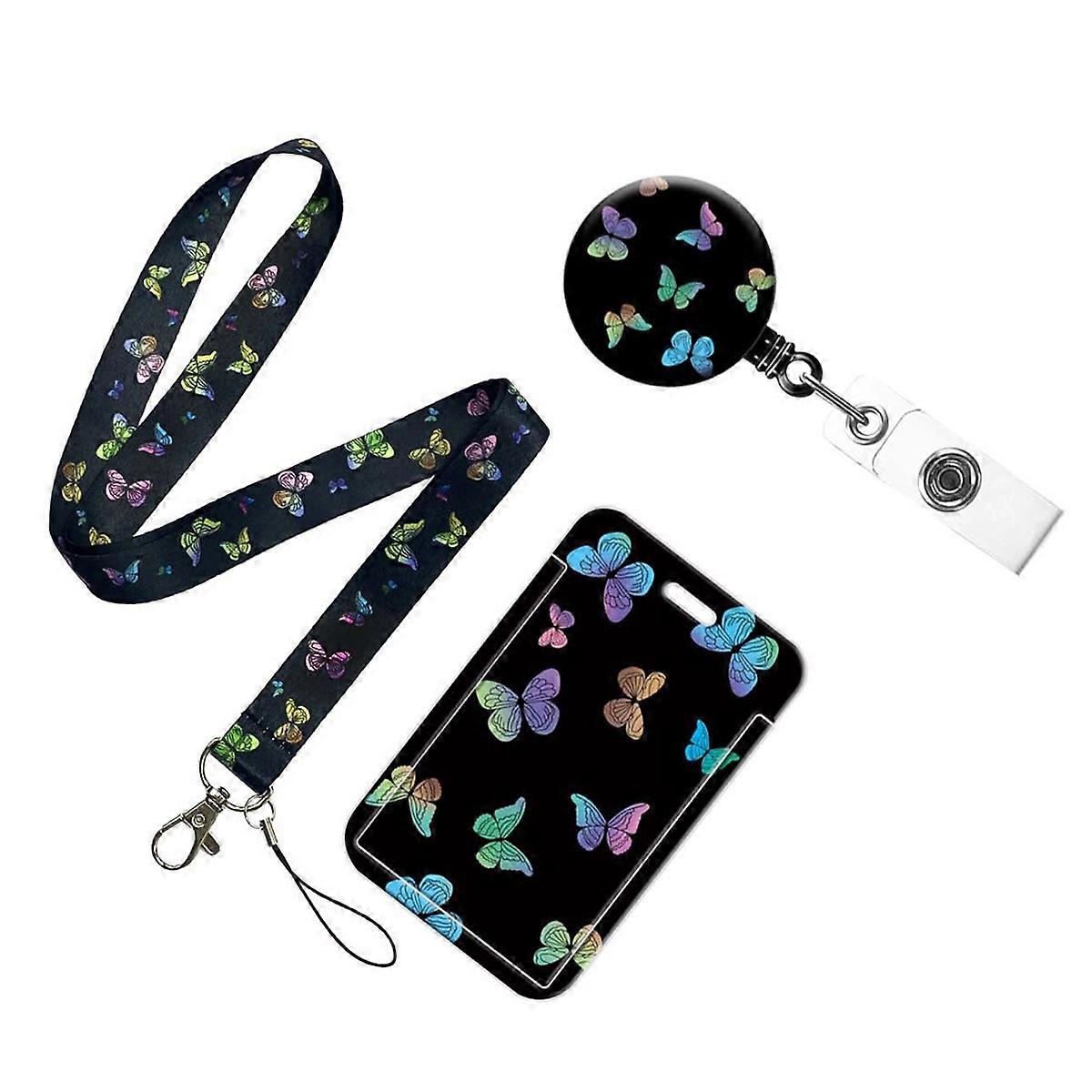 Practical ID Badge Holder,Colour Butterfly Style ID Work Badge Card Holder Work Permit Holder Name Card Case Credit Card Pouch Bag, 3 Pcs of Set