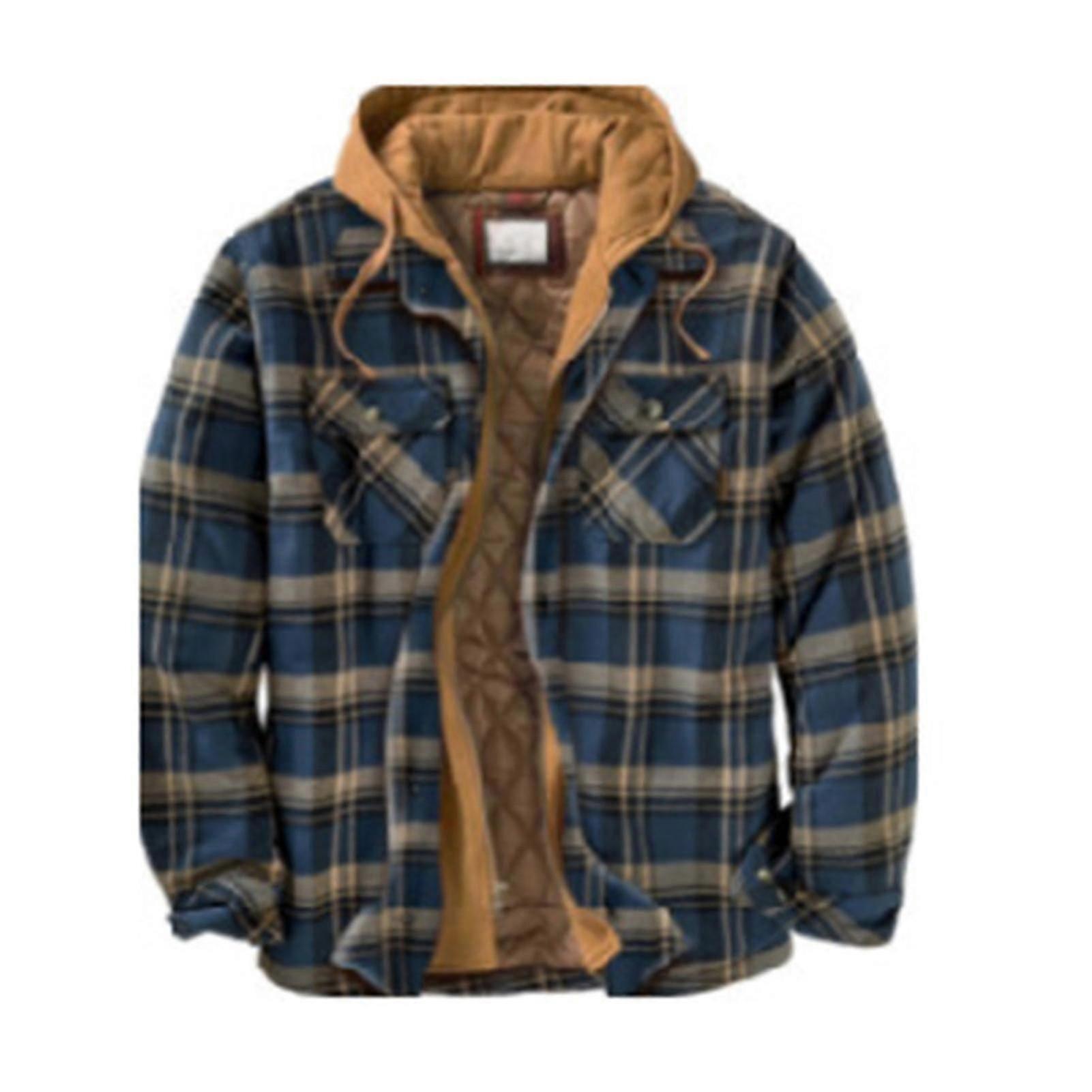 compatible with Men - Warm Plaid Cotton Jackets with Hood, Button-Down & Zipper