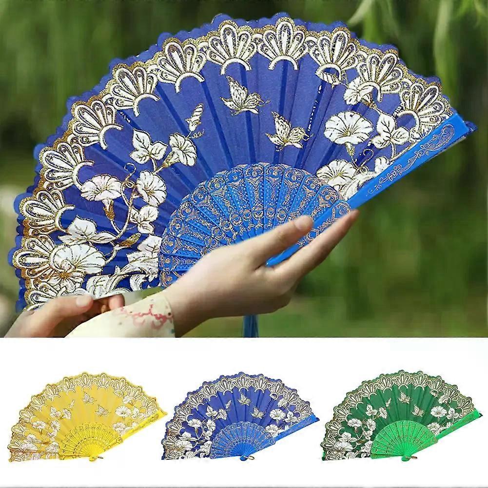 Handheld Fan Vintage Style Bright Color Flower Pattern Cloth Retro Chinese Style Folding Fan Photography Prop