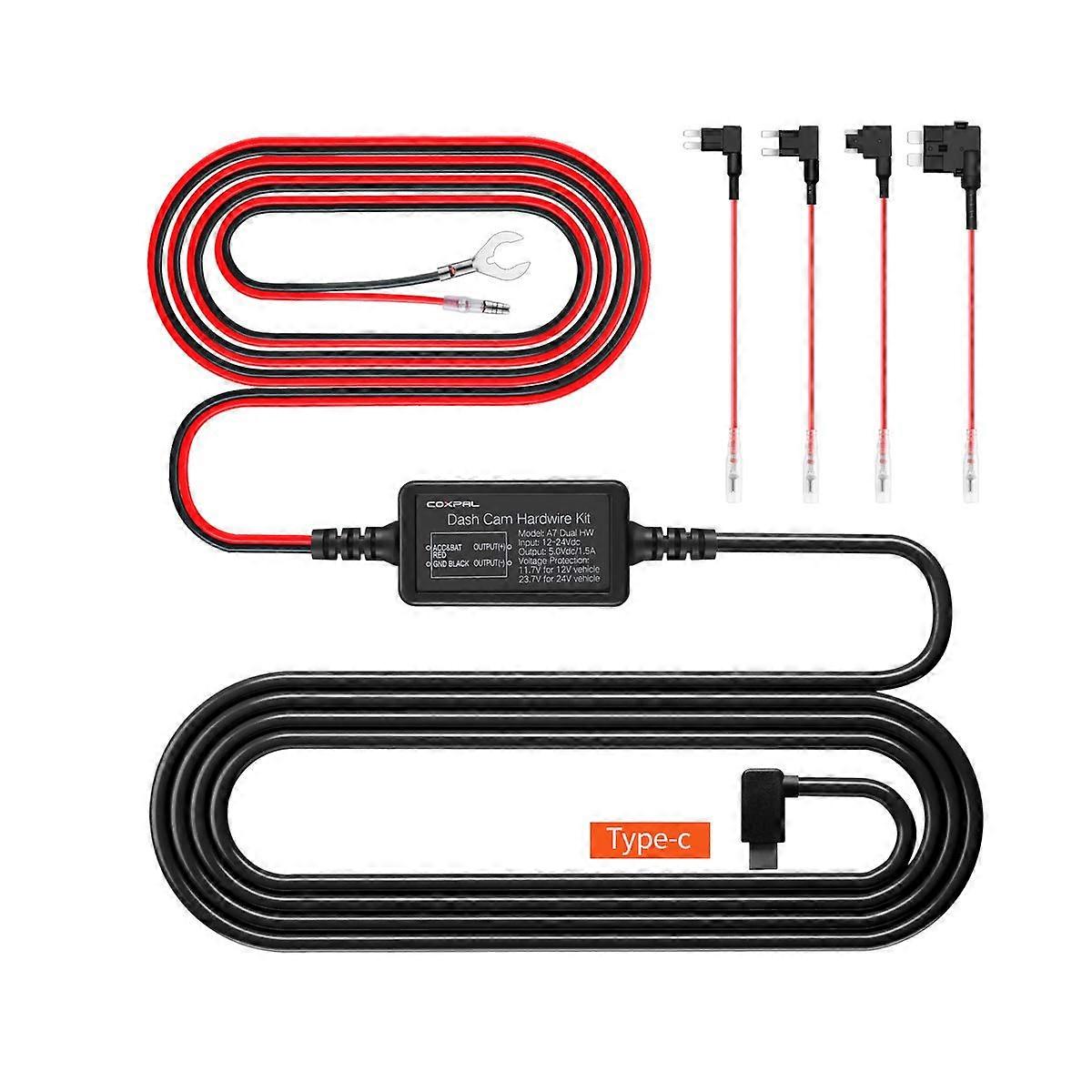 Hardwire Kit with Mini, ACS, ATO, Micro2 Add A Circuit Fuse Holders for Dash Camera, USB Type-C Connector