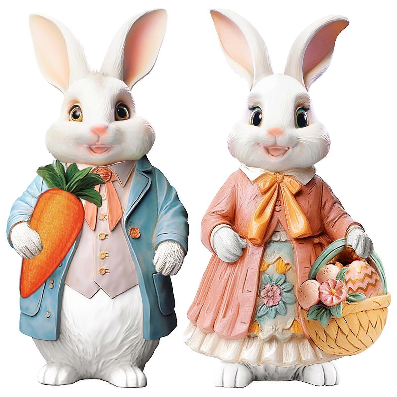 Easter Bunny Decorations - Handmade Resin Rabbit Figurines with Carrots, Flowers, and Eggs for Spring Garden Centerpiece