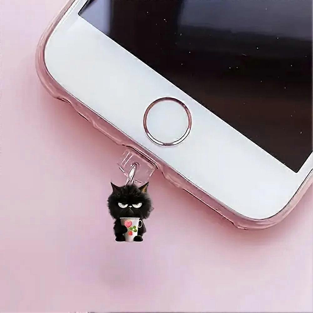 Small Black Cat Acrylic Pendant Phone Dust Plug for Apple / Type-C Interface