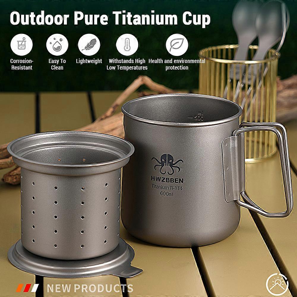 Titanium Tea Cup with Folding Handle Outdoor Camping Tea Maker Mug with Tea Strainer 600ml