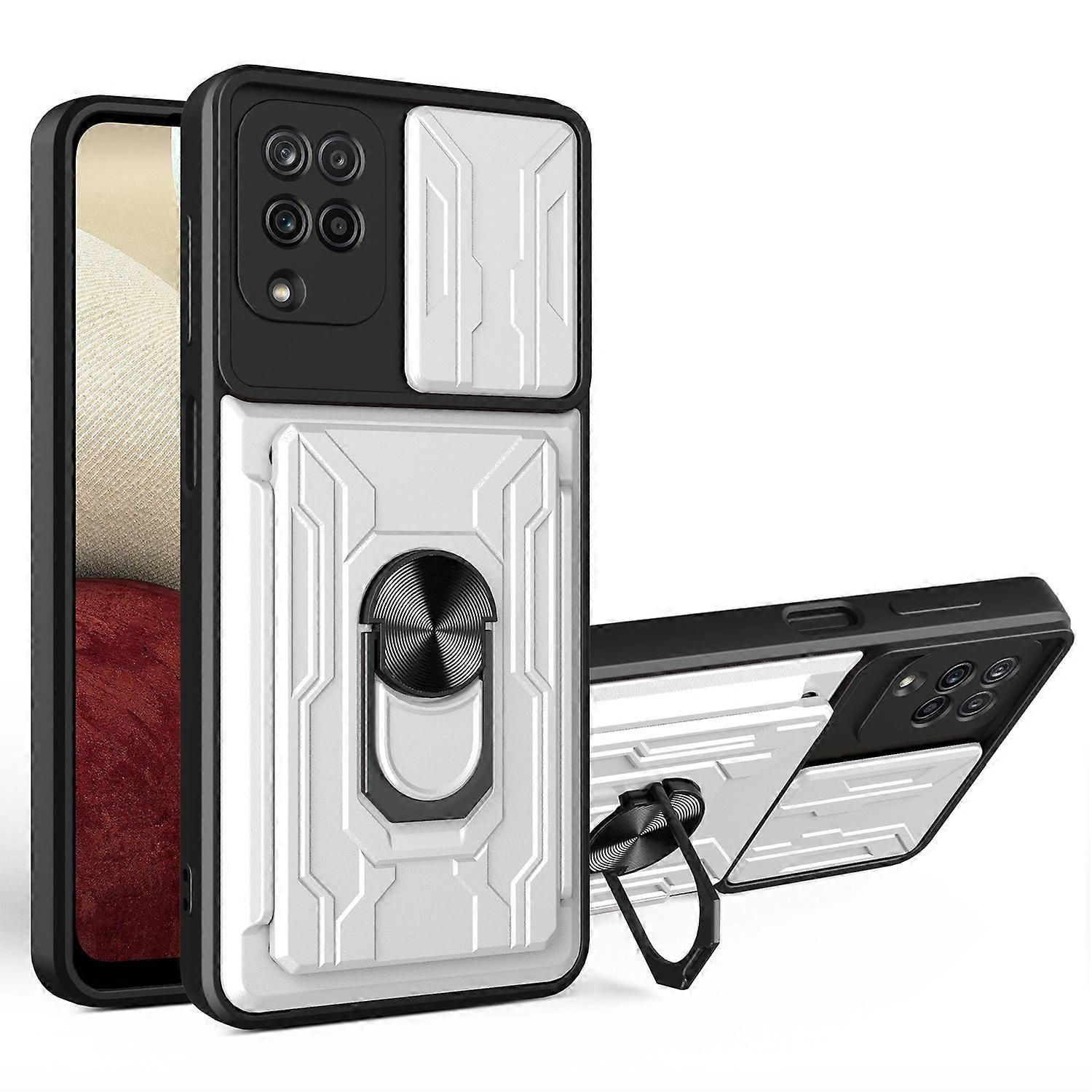 Ring Holder Kickstand Hard PC+Soft TPU Phone Case Shell with Camera Slide Cover and Detachable Card 