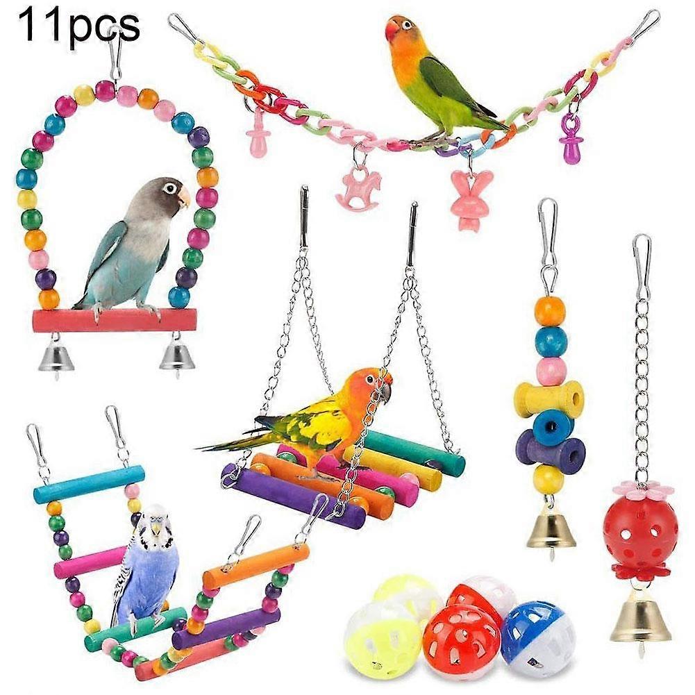 11-Piece Natural Wood Bird Toy Set with Swing Chew Bridge for Small Medium Parrots