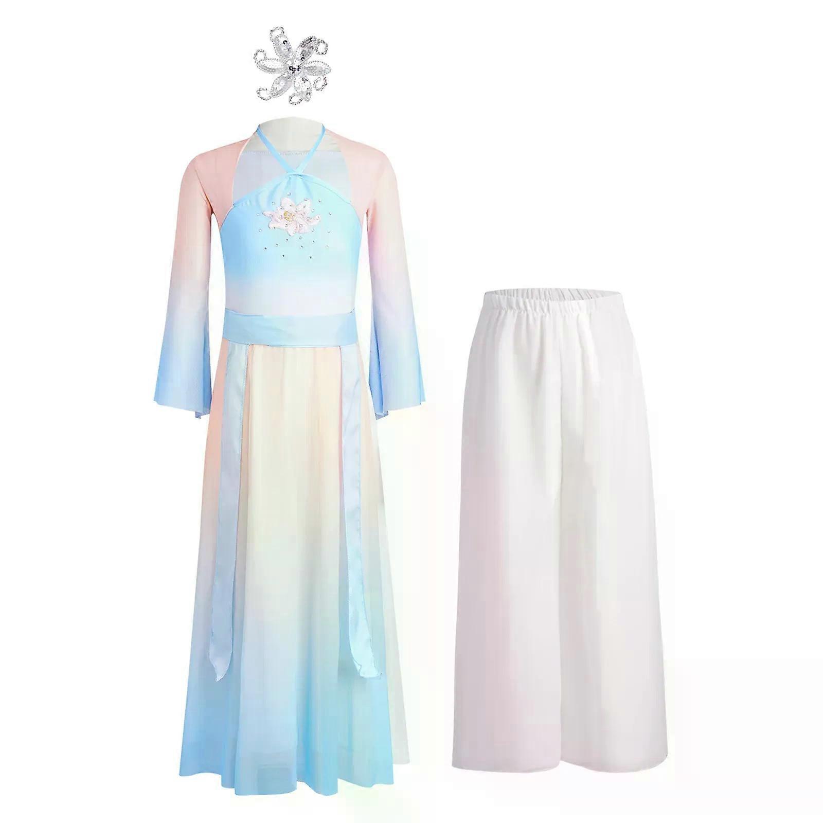 Kinder Mädchen Klassischer Tanz Moderner Lyrischer Tanz Performance Outfit Kleid mit geteiltem Saum Kleid mit doppellagiger Hose Gürtel Kopfbedeckung