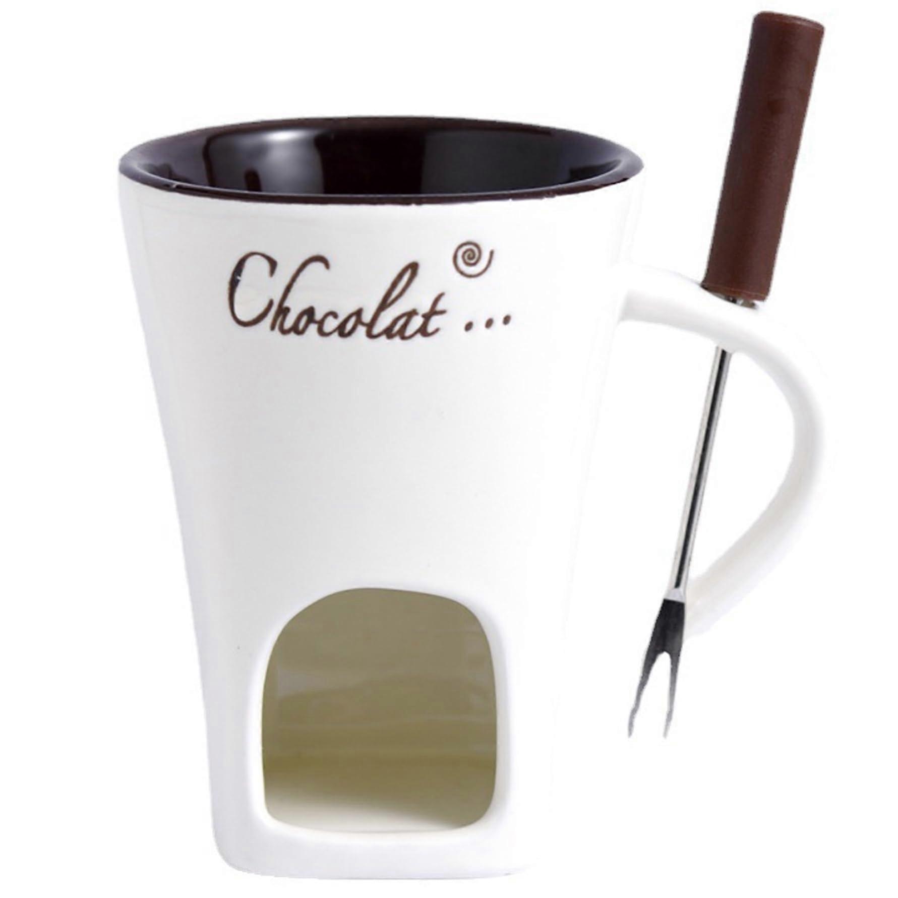 1 x Chocolate Fondue Cup with Fork, 130 ml Chocolate Fondue Cup with Handle, Ceramic Sweet Fondue Cup with Hole for Fork Hold, Tea Light Not Included