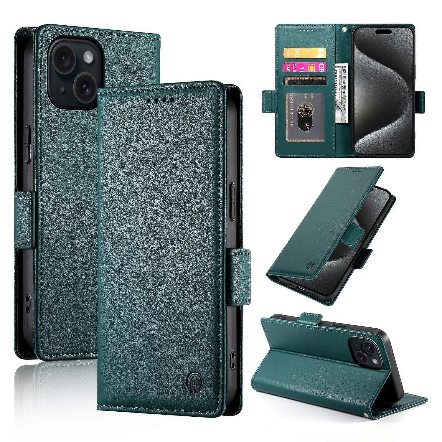 Wallet Case For IPhone 15,Slim Protective Shockproof Case With RFID Blocking,Premium PU Leather Kickstand-Green