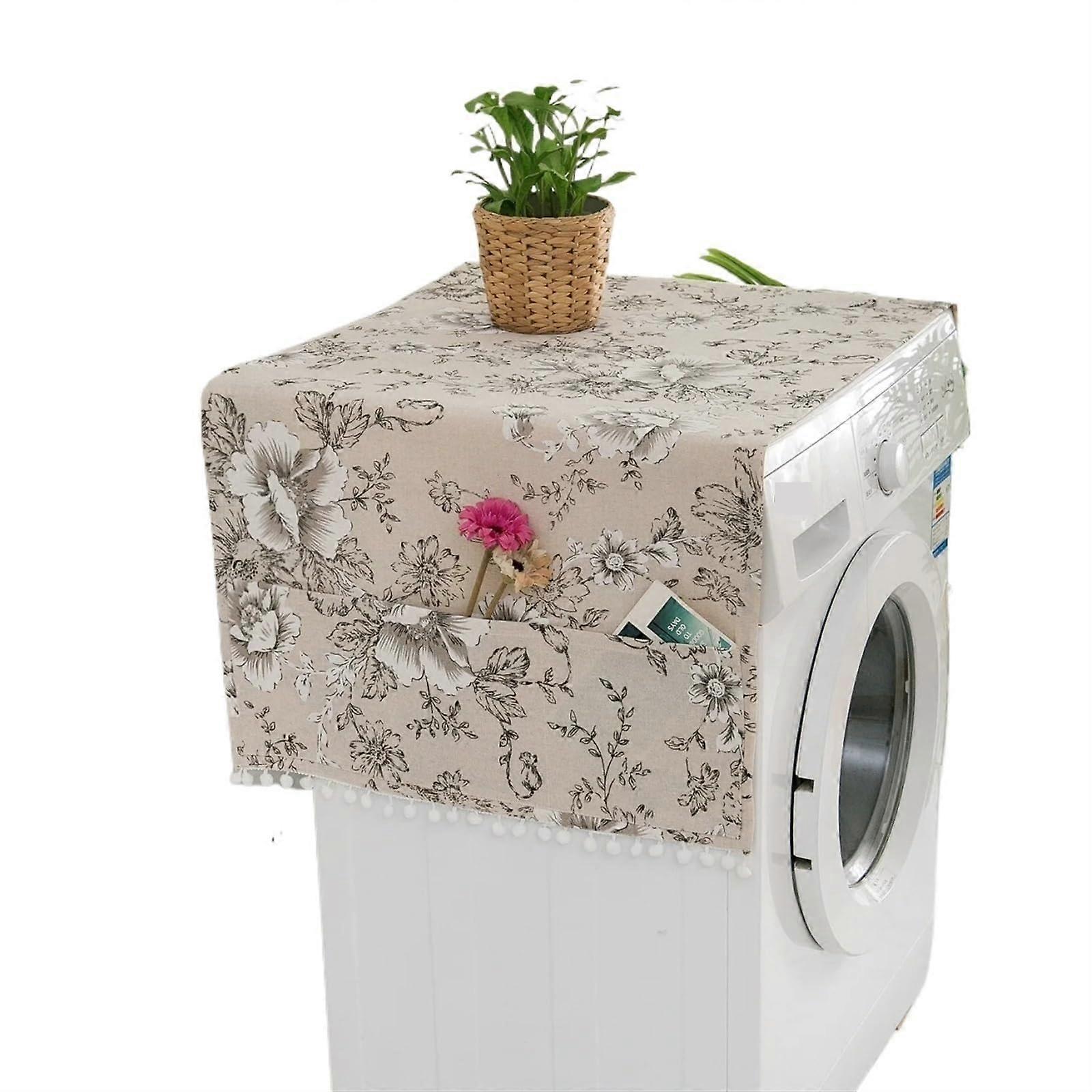 Washing Machine Cover Dustproof Cover with Black Pattern, Linen Print (55x130cm)