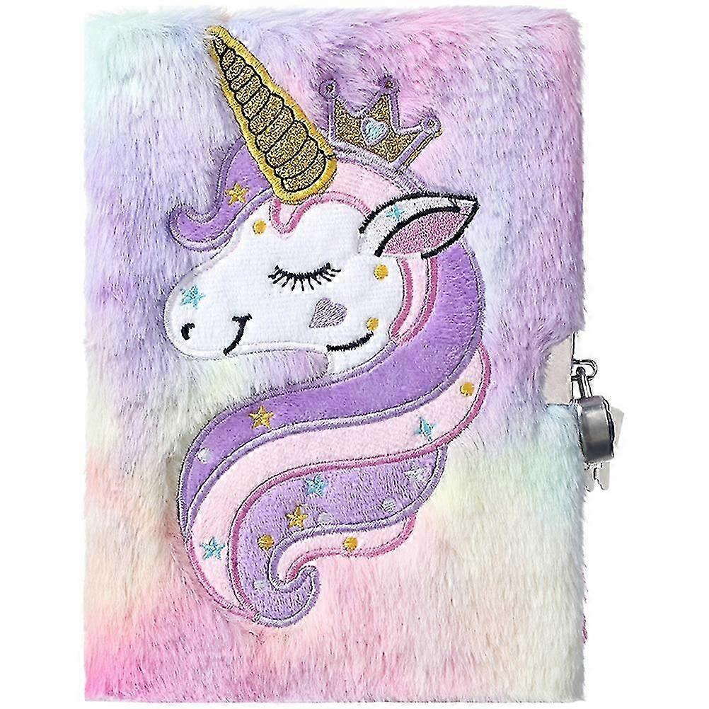 Unicorn Cover Notebook Plush Notepad with Lock A5 Notebook Cartoon Unicorn Fluffy Notebook