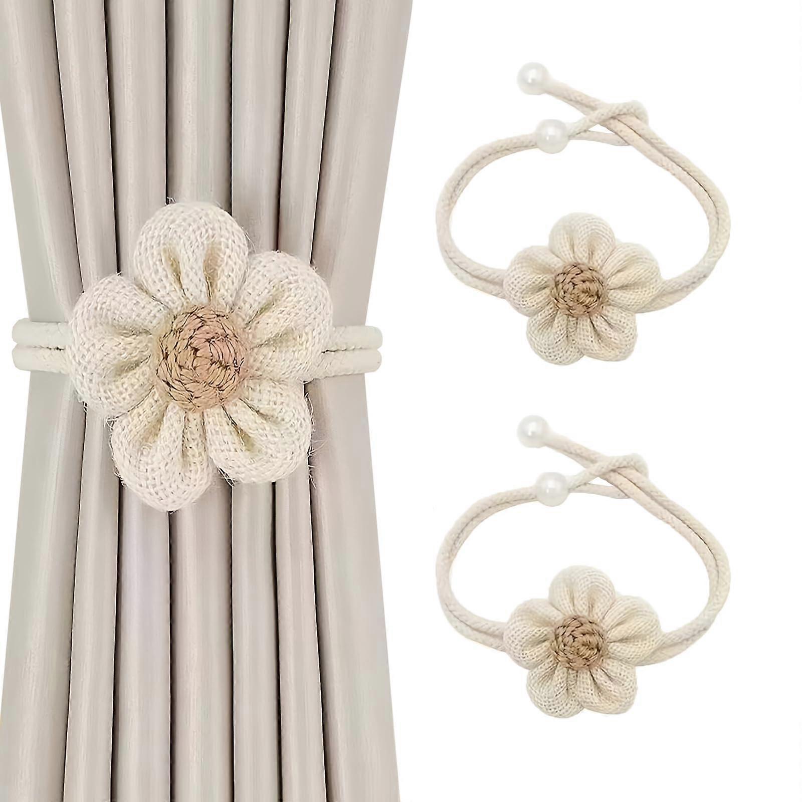 Pack of 2 Adjustable Flower Design Curtain Tiebacks with Secure Pins (Beige)