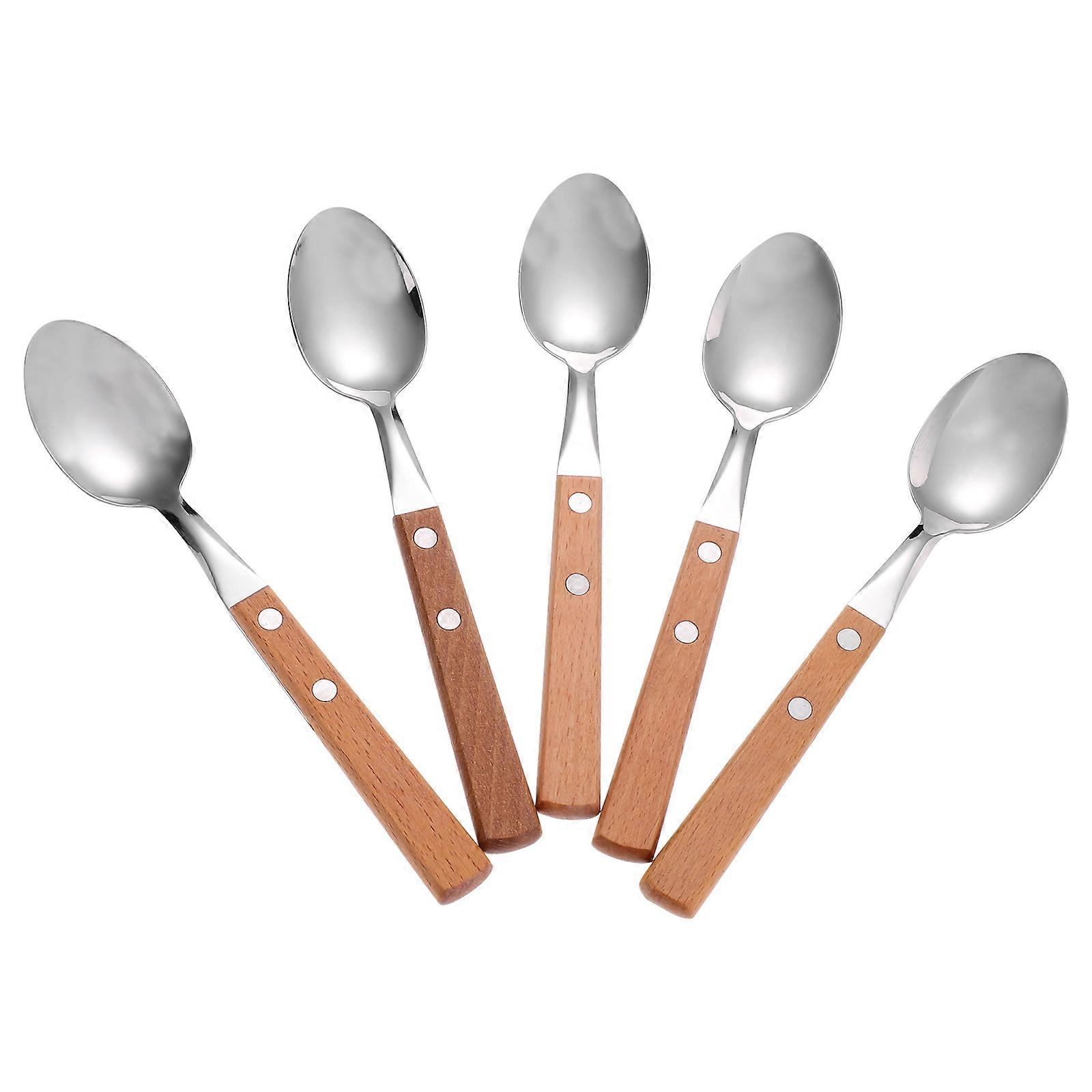 Stainless Steel Dessert Spoons with Wood Handles for Kitchen Use Assorted Color 5 Pieces
