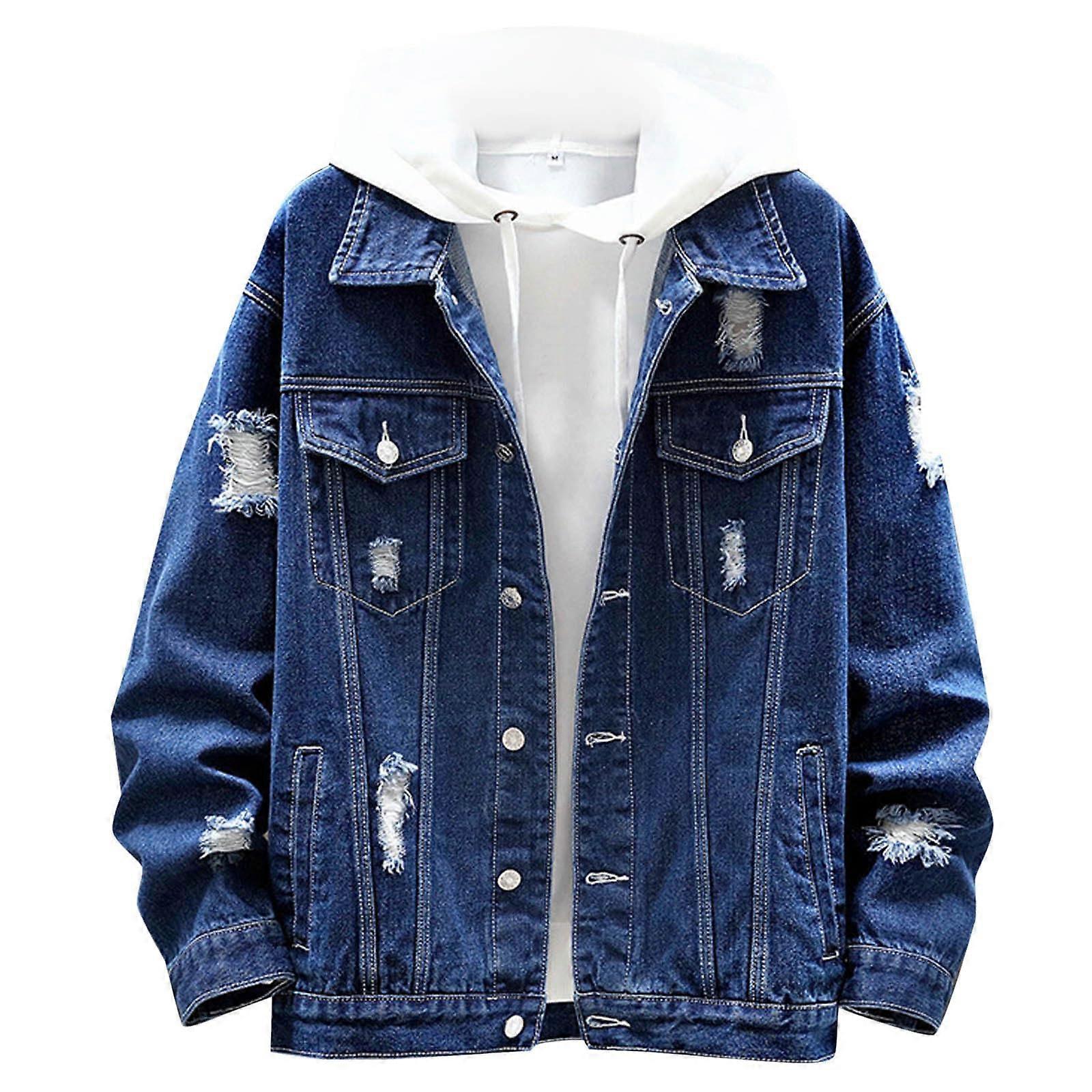 Veste en jean pour homme Veste de transition bleue avec capuche Blouson de motard vintage