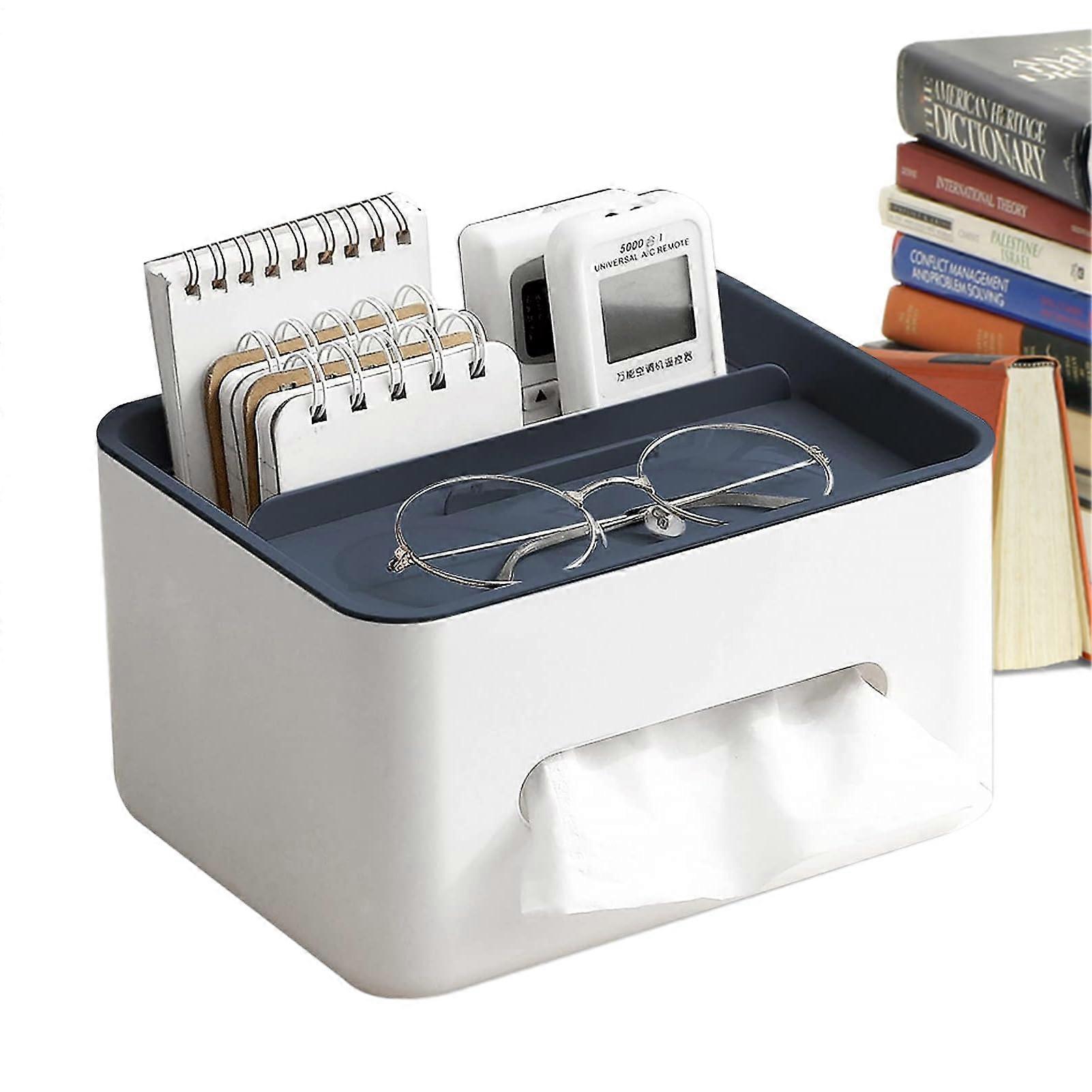Pocket tissue storage box, multifunctional rectangular napkin holder with storage for home and study room in student dormitory, dark blue