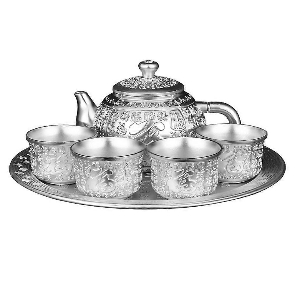 High End Silver Plated Tea Kettle Set with Cups and Tray – Elegant Chinese Style Tea Kit for Sake and Spirits Lovers – Creative