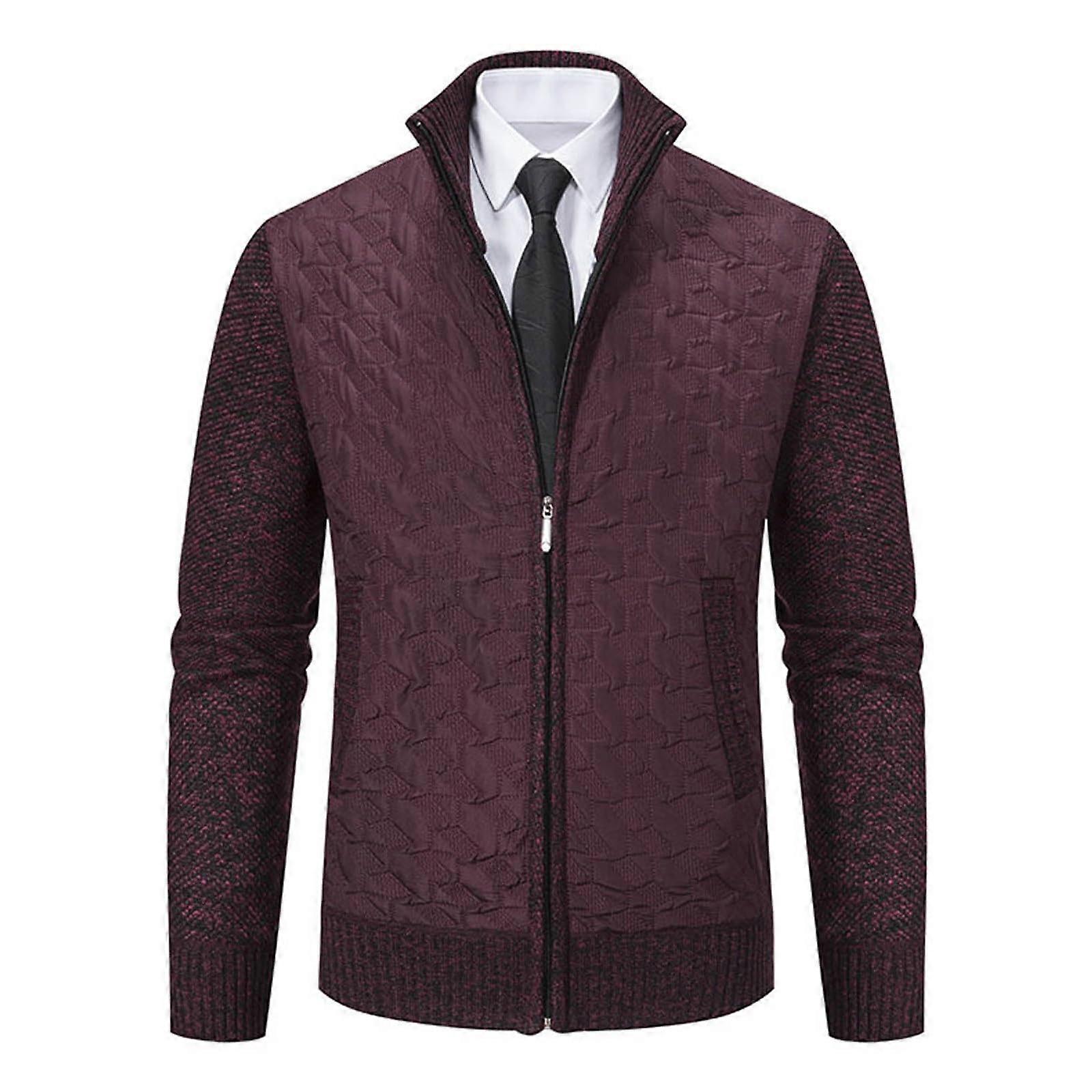 Men's Knitted Jacket with Stand-Up Collar XXL, Thermo Fleece Cardigan Red, Winter Jacket with Pockets and Zip