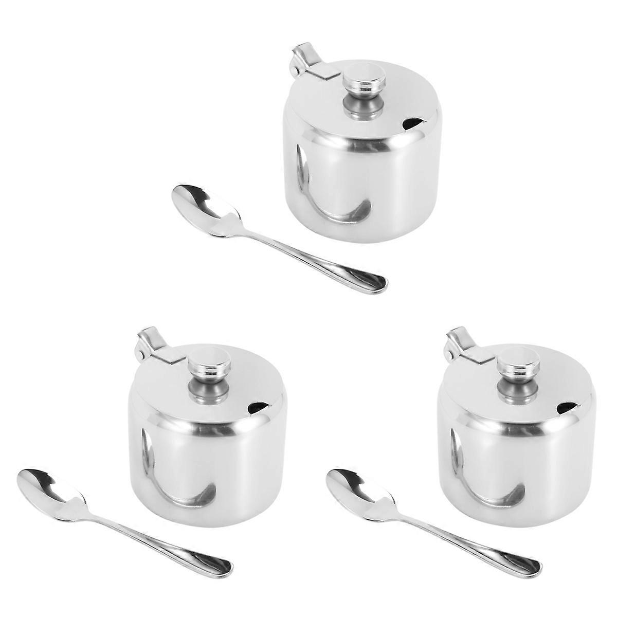 3X Stainless Steel with Lid and Spoon Seasoning Jar Seasoning Jar Tableware Spice Container