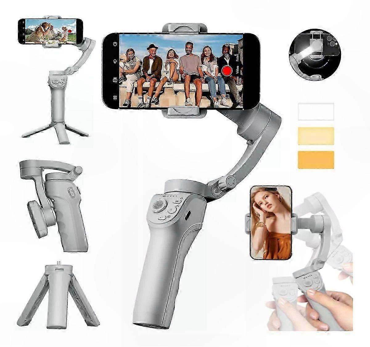 Portable Selfie Stick with Tripod and Light, Foldable Smartphone Gimbal Stabilizer