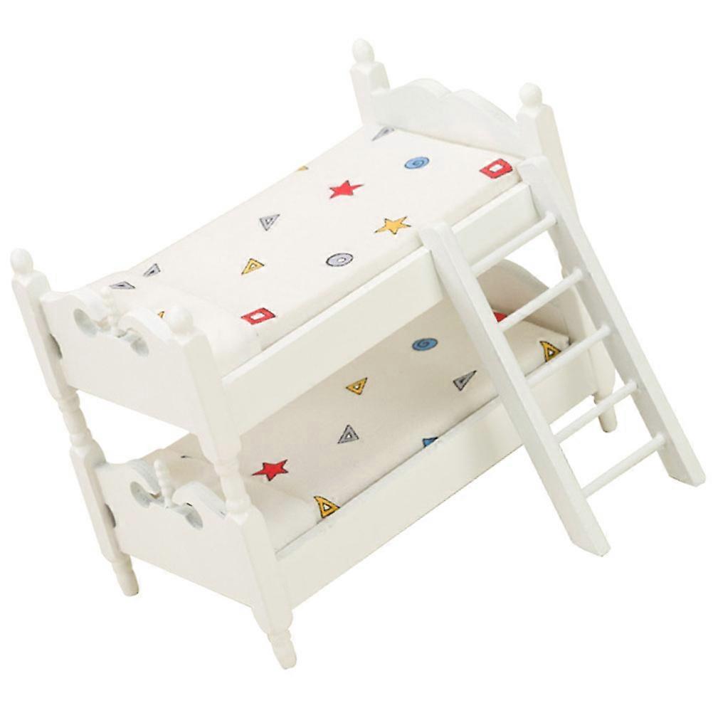 Mini Doll House Bunk Bed Model with Geometric Pattern, Miniature Furniture Accessory for Doll Bedroom, Easy to Assemble and Portable for Role Playing