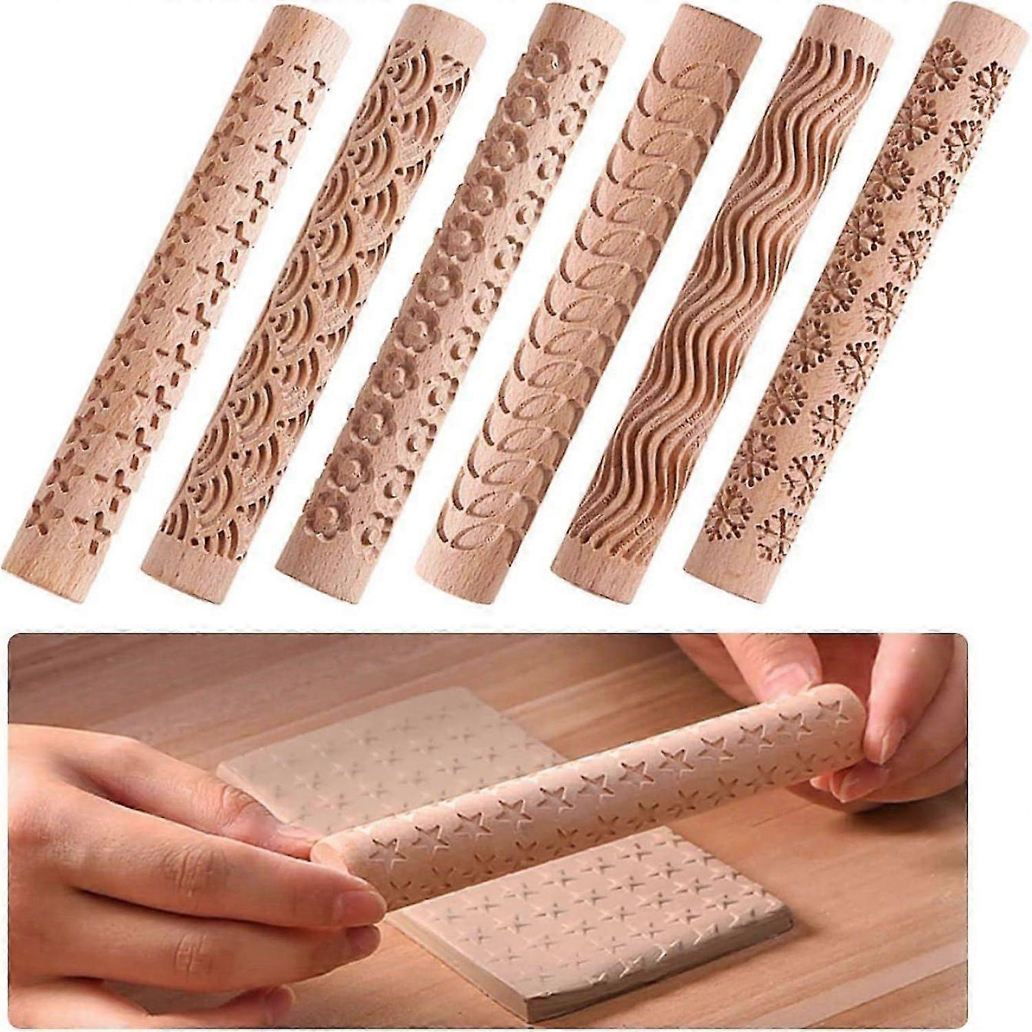 Set of 6 Wooden Clay Rollers - Textured Modeling and Pastry Roller, Wooden Handle, Ceramic Carving Tools -HK908