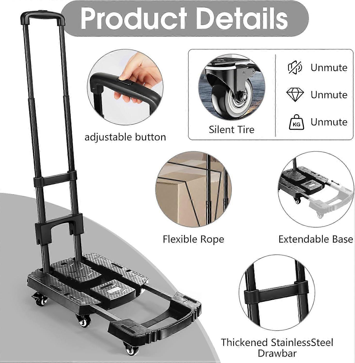 Folding Hand Truck, Portable Heavy Duty Dolly Cart, 6 Wheels Collapsible Luggage Cart with 2 Elastic Ropes - Compact Trolley Cart for Easy Moving - Id