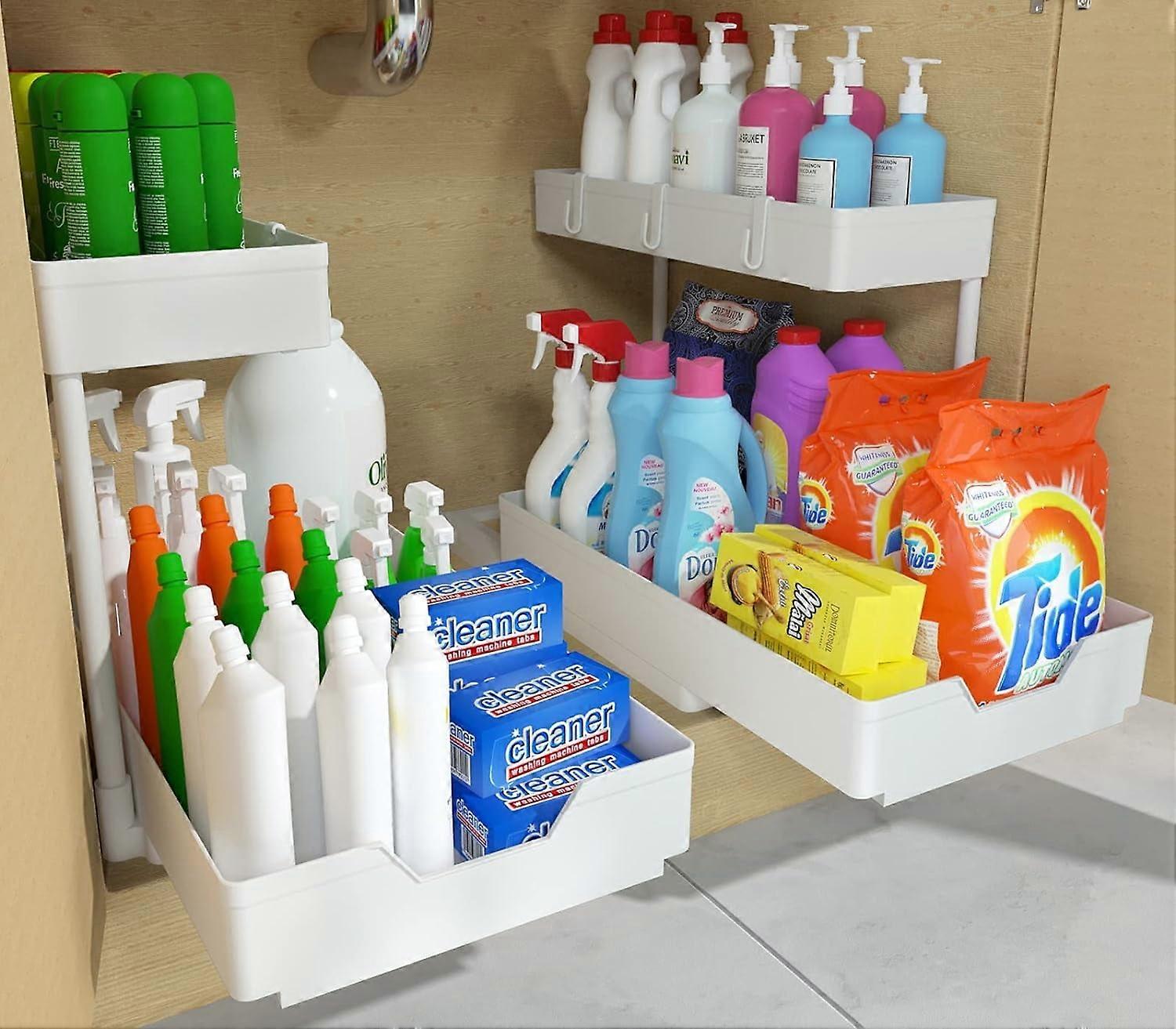 2-Tier Under Sink Organizers, 2 Pack Sliding L-shape Cabinet Organizers Compatible with Narrow Spaces, Multi-purpose Storage for Bathroom & Kitchen