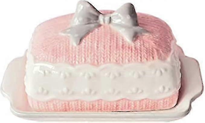 Ceramic butter dish with bow, non-slip lid and handle, suitable for counter or refrigerator, butter tray rack with lid for butter storage, pink